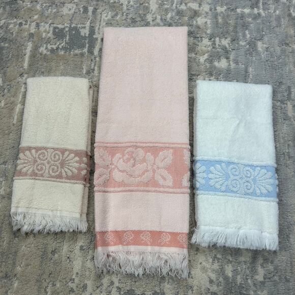 Vintage Cannon Fringe Bathroom Bath & 2 Hand Towels Set of 3 - Picture 1 of 9